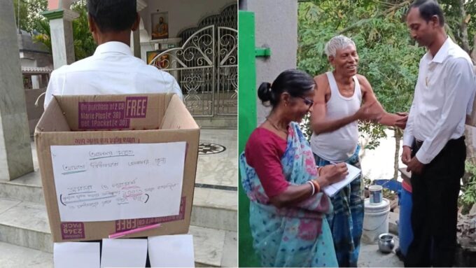 পিঠে ‘অভিযোগ বাক্স’ বেঁধে অভিনব প্রচার! আমতায় সাড়া ফেলছেন নির্দল প্রার্থী অভিজিৎ