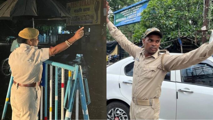 রোদ-বৃষ্টি উপেক্ষা করে পথ দেখান তাঁরা! পুরুলিয়ার রাস্তায় ট্রাফিক নয়, মানবিকতারও মুখ দুই পুলিশকর্মী