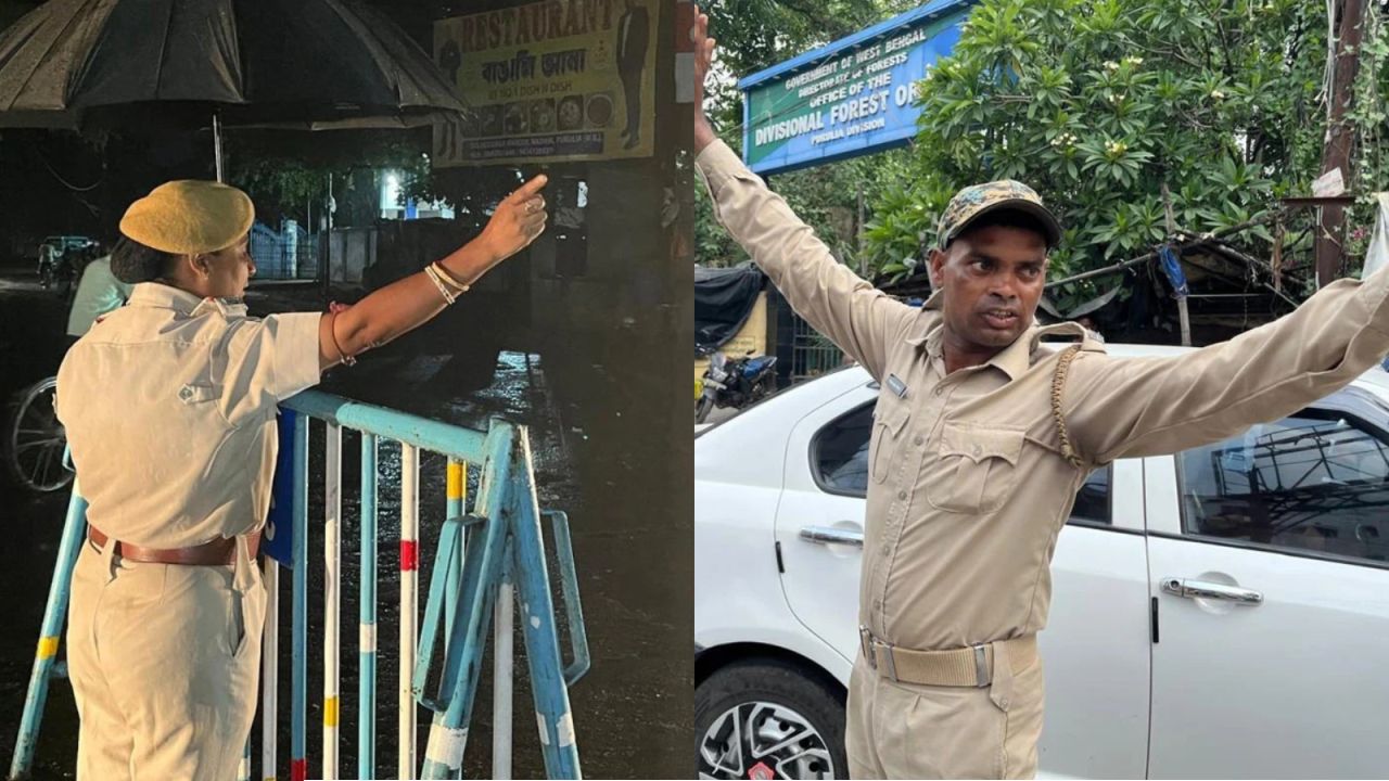 রোদ-বৃষ্টি উপেক্ষা করে পথ দেখান তাঁরা! পুরুলিয়ার রাস্তায় ট্রাফিক নয়, মানবিকতারও মুখ দুই পুলিশকর্মী